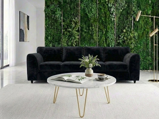 Black plush velvet 4-seater corner sofa with full back support, designed for comfortable seating in modern living rooms.