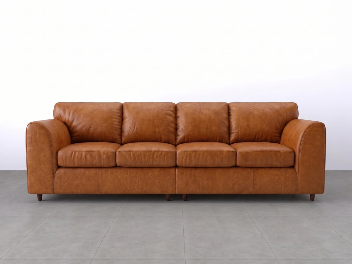 Brown Dillon full back 4-seater leather sofa by Gamzo Outlet, showcasing plush cushions and sleek design in a modern living room setting.