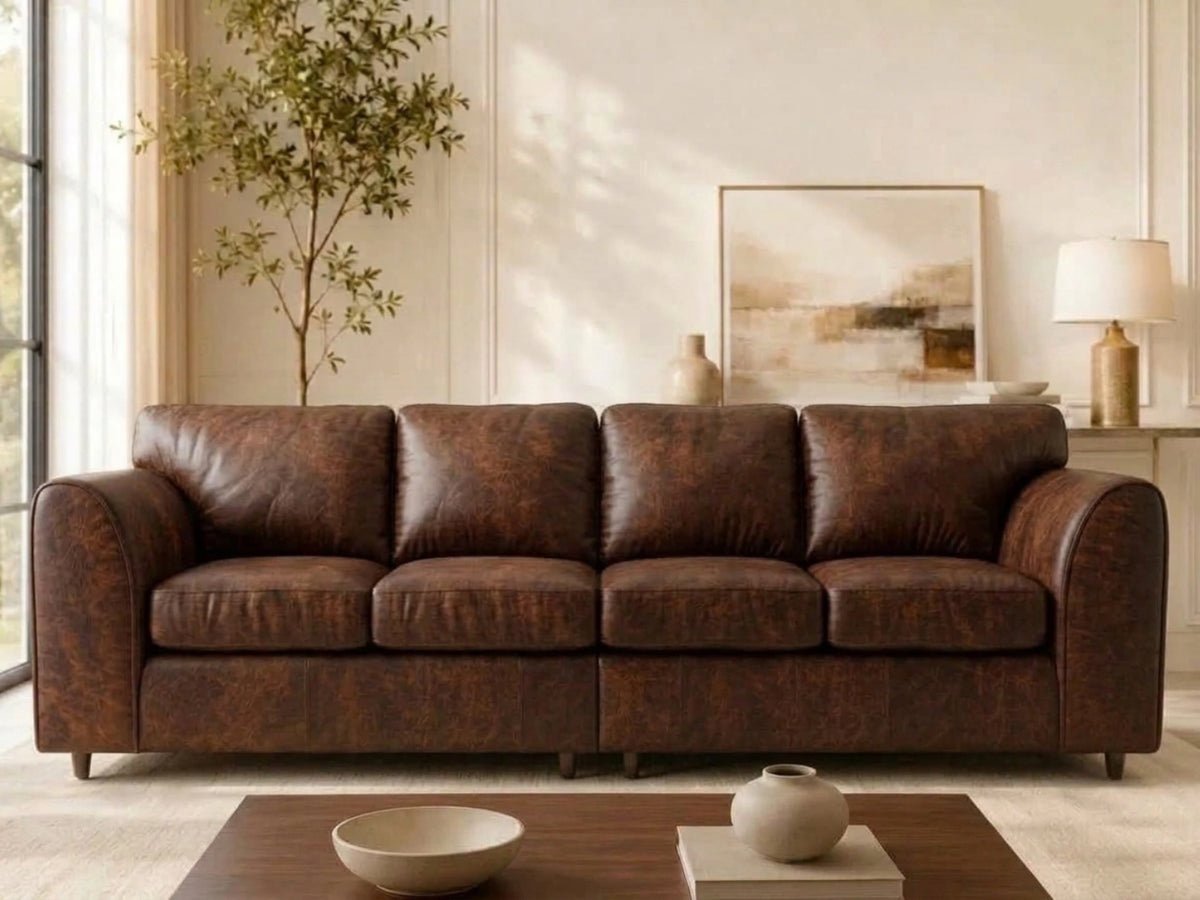 Chocolate brown Dillon full back 4-seater leather sofa by Gamzo Outlet, showing plush cushions and sleek design.
