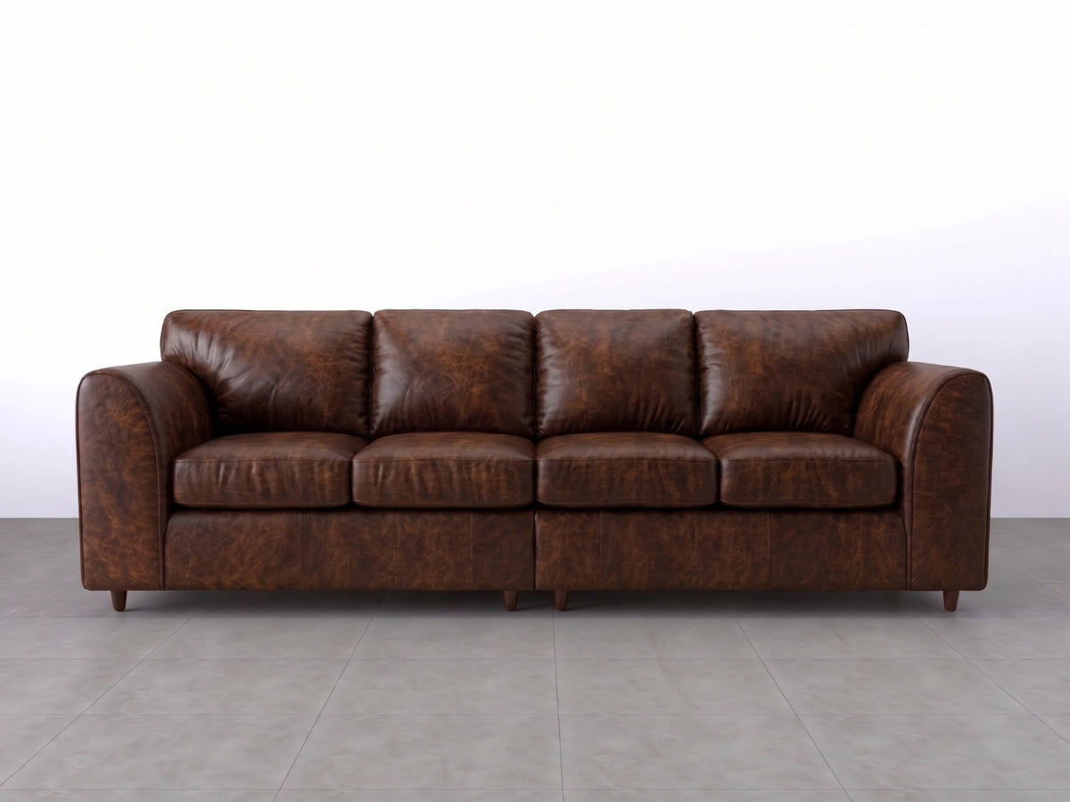 Chocolate brown Dillon full back 4-seater leather sofa by Gamzo Outlet, showcasing plush cushions and sleek design.