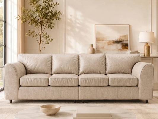 Cream leather Dillon 4-seater sofa by Gamzo Outlet, showing plush back and armrests with stylish design and comfortable seating.