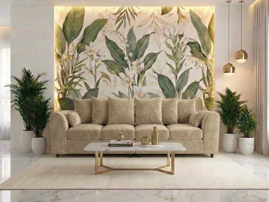 Cream plush fabric 4-seater corner sofa with scatter back cushions from Gamzo Outlet, showcasing a cozy and modern living room setup.