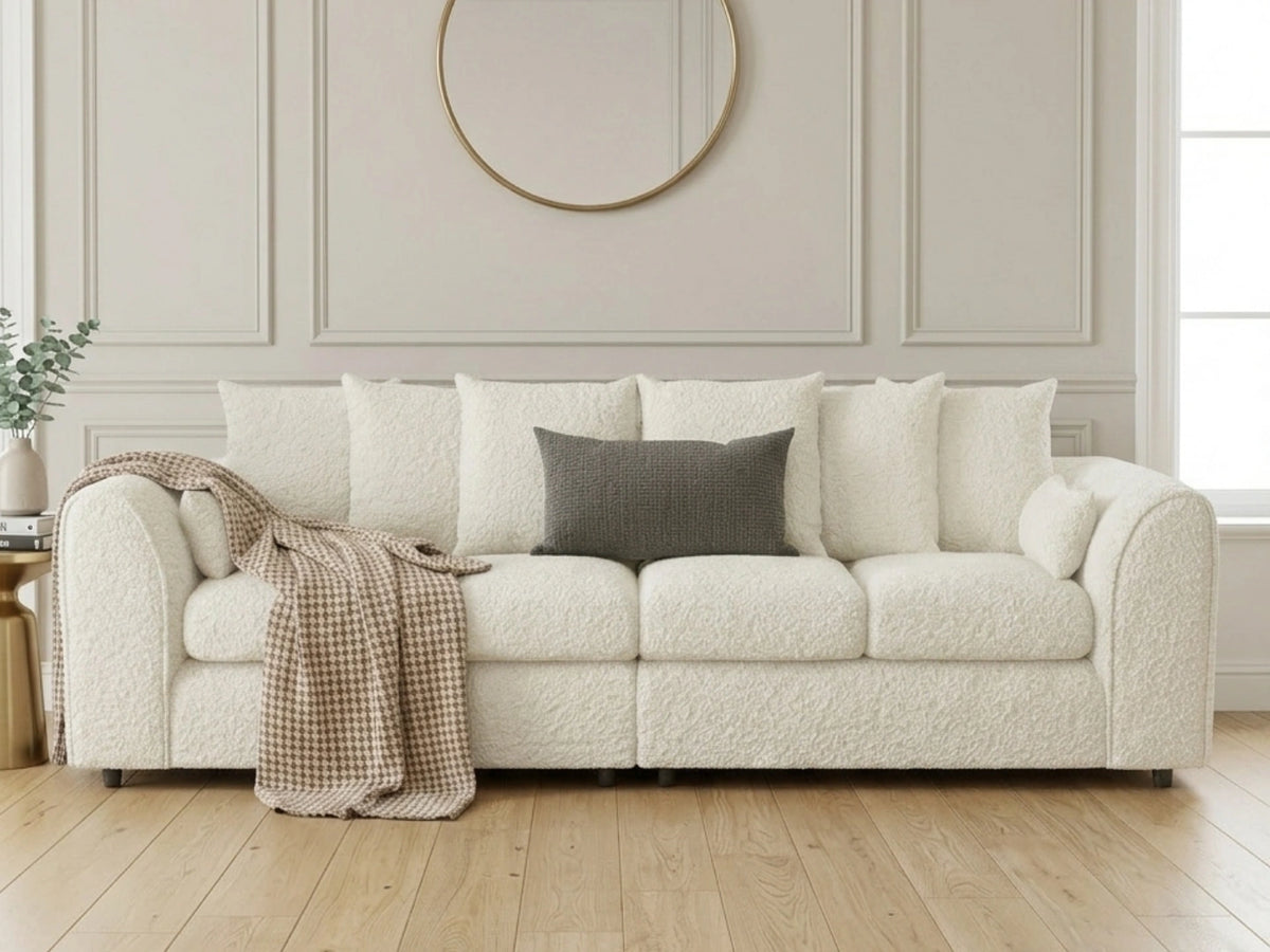 Ivory boucle fabric 4-seater scatter back sofa by Gamzo Outlet, showcasing plush upholstery and modern design.