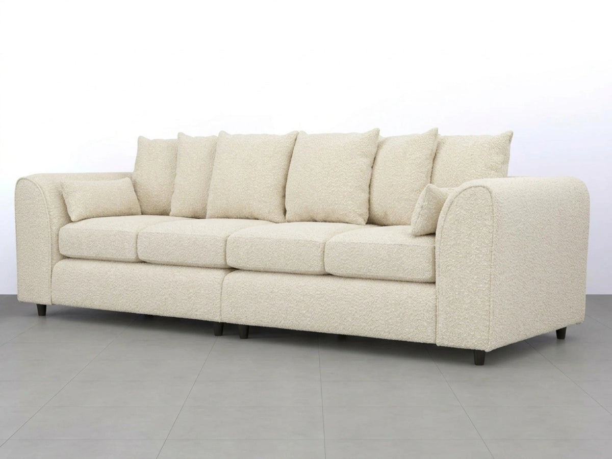 Ivory boucle fabric 4-seater scatter back sofa by Gamzo Outlet, showcasing its plush cushions and modern design.