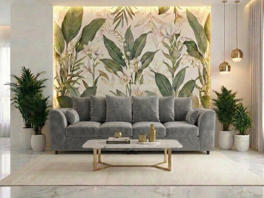 Light grey plush fabric 4-seater corner sofa with scatter back cushions, designed for comfortable seating in living rooms.