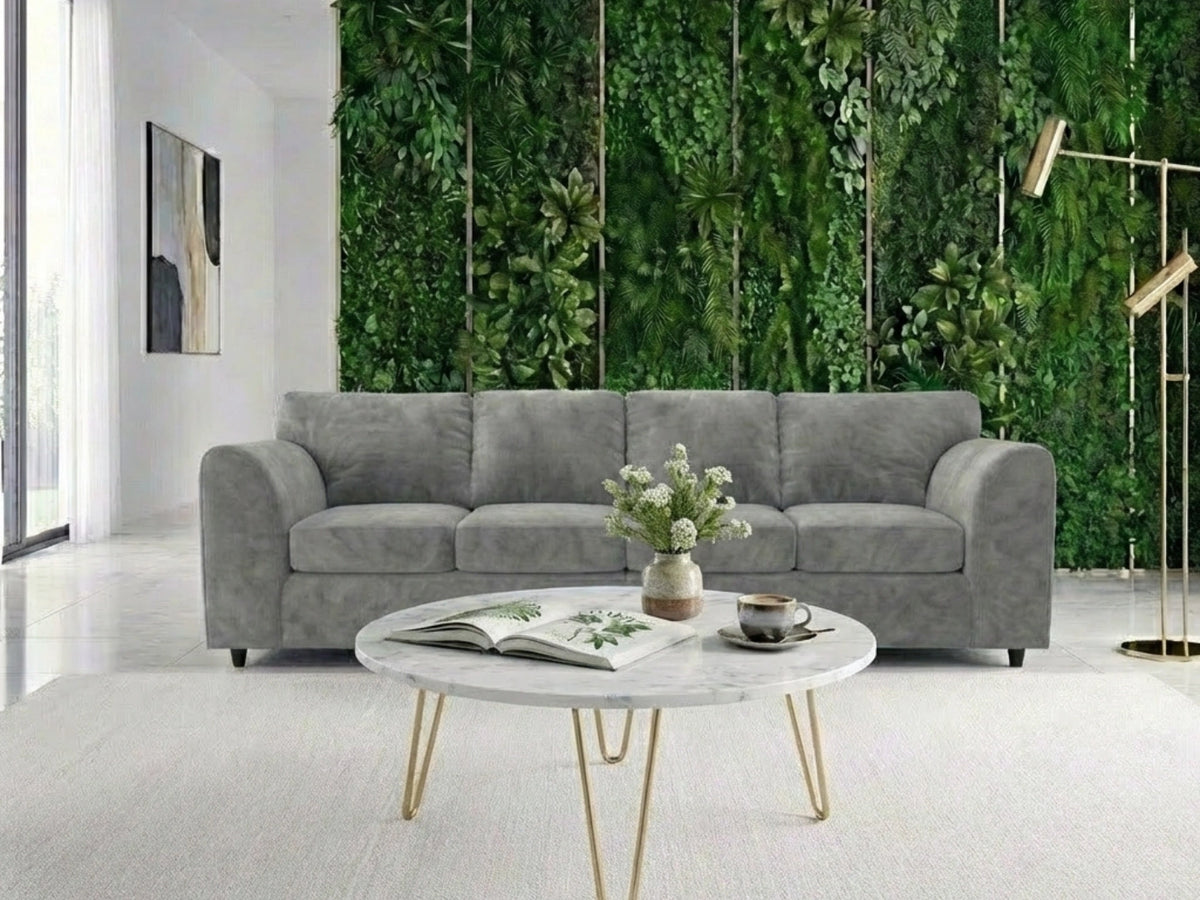 Light grey plush velvet 4-seater full back corner sofa from Gamzo Outlet with soft cushions and modern design.