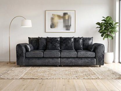 Midnight black crushed velvet 4-seater corner sofa with scatter back cushions, designed for comfortable seating in modern living rooms.