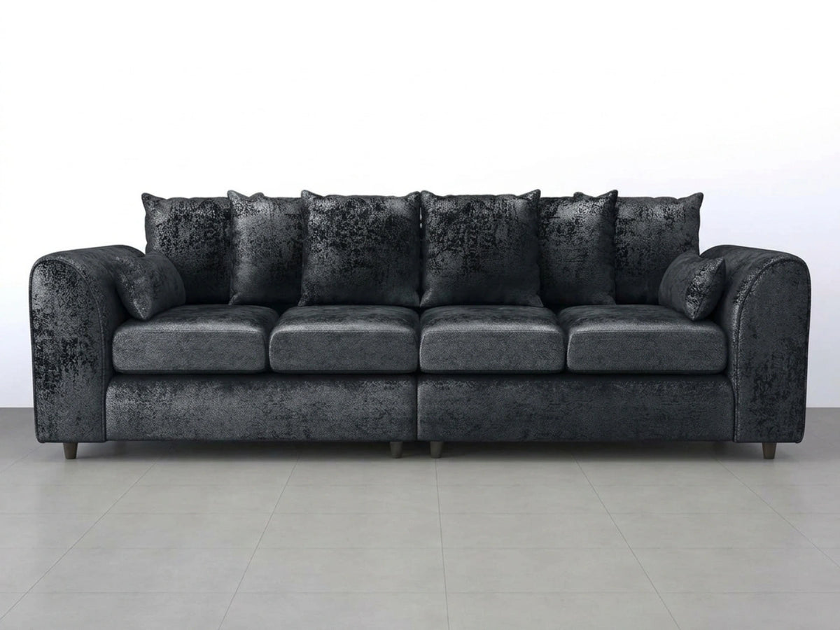 Midnight black crushed velvet 4-seater corner sofa with scatter back cushions, designed for stylish comfort.