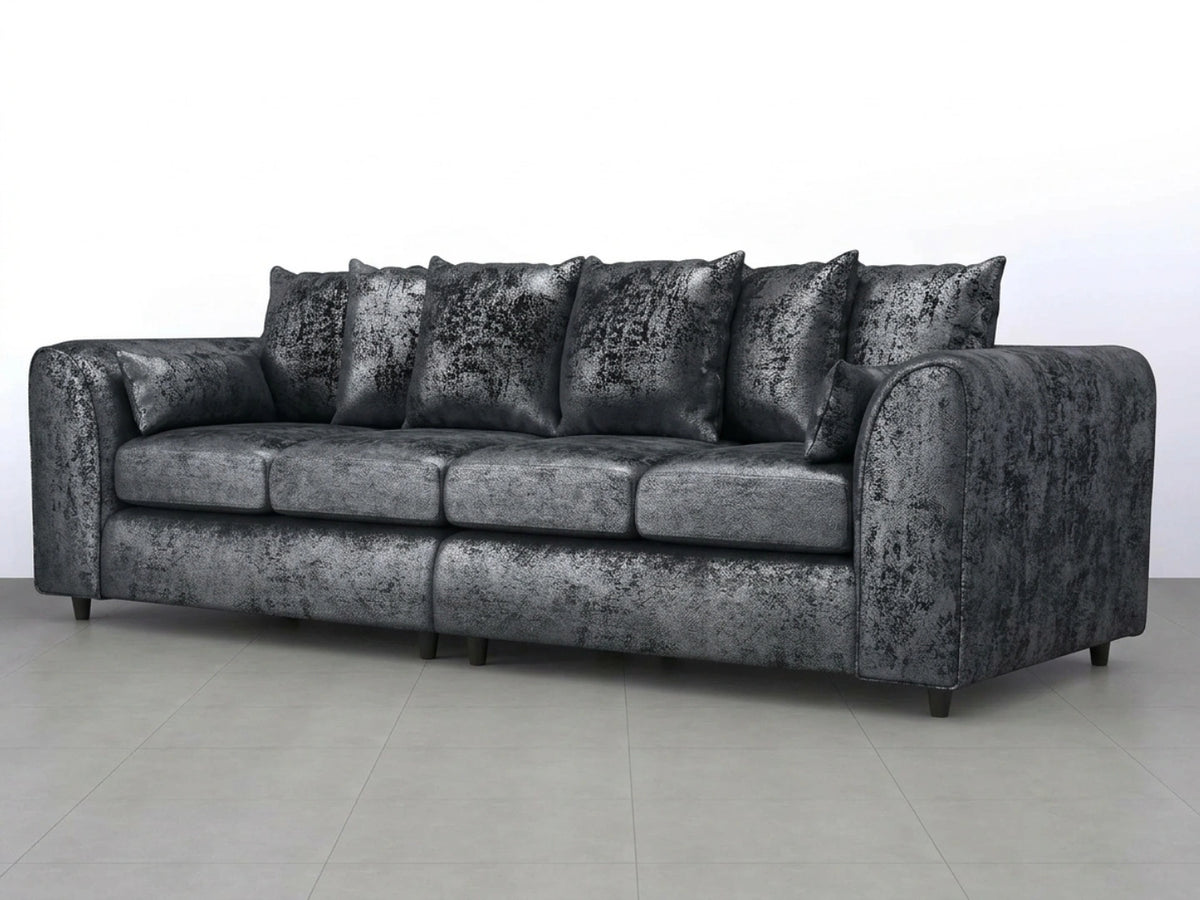 Midnight black crushed velvet 4-seater corner sofa with scatter back cushions, designed for stylish and comfortable seating.