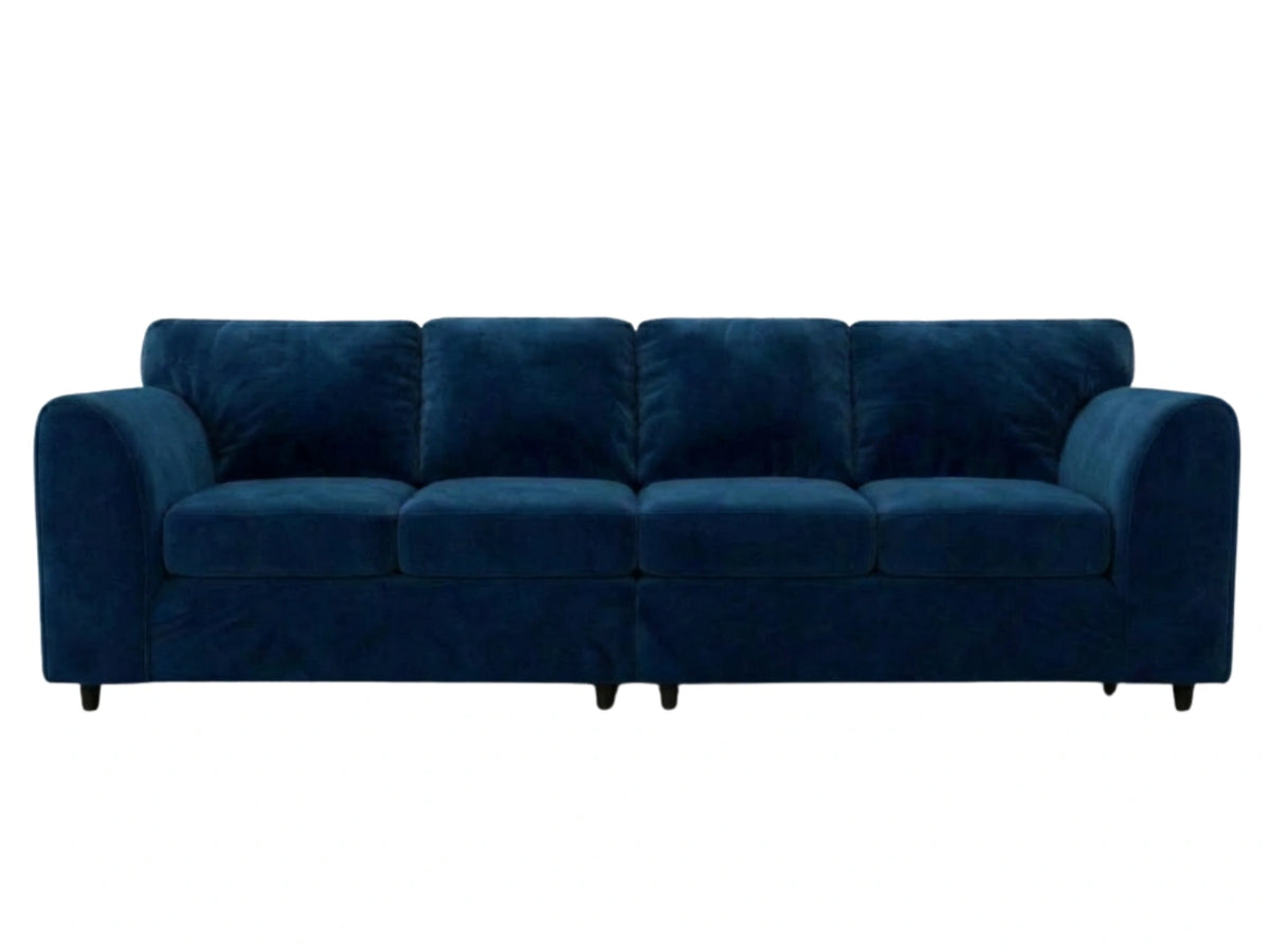 Midnight blue plush velvet 4-seater full back corner sofa by Gamzo Outlet, showing its spacious and comfortable design.