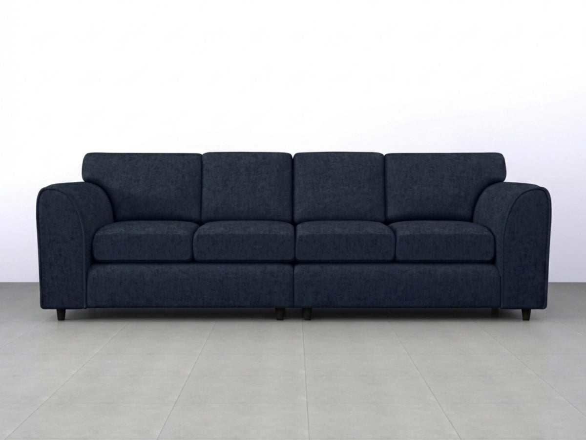 Midnight blue Alaska Fabric 4 seater sofa with full back support, stylish and comfortable for modern living rooms.