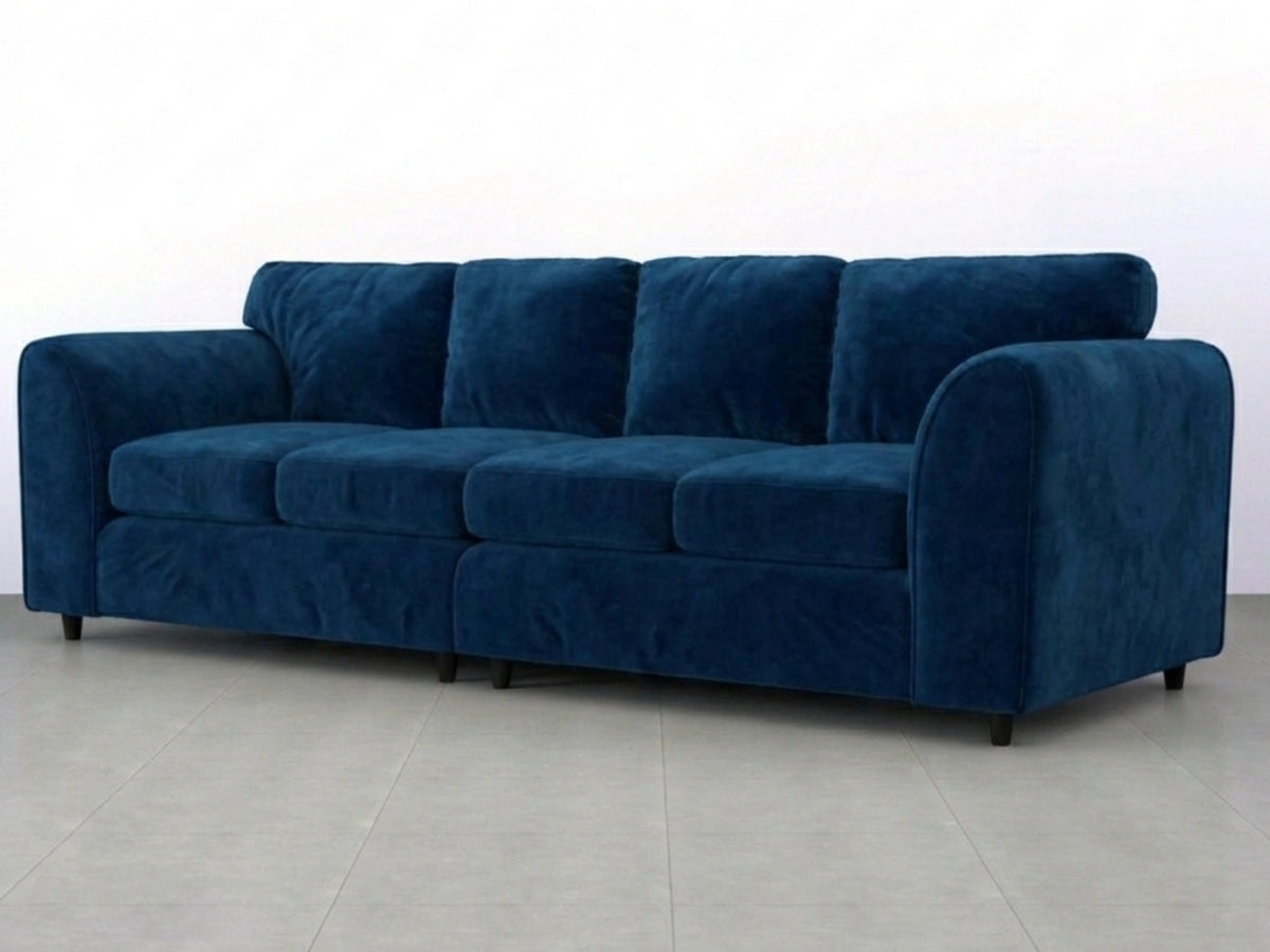 Midnight blue plush velvet 4-seater full back corner sofa by Gamzo Outlet, showing comfortable cushions and modern design.