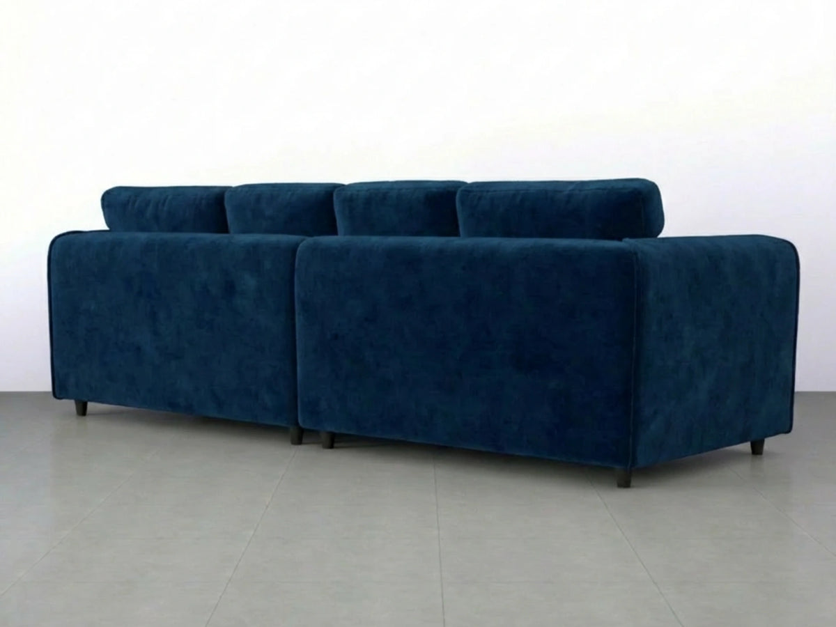 Midnight blue plush velvet 4-seater corner sofa with full back from Gamzo Outlet, showcasing soft upholstery and spacious seating.