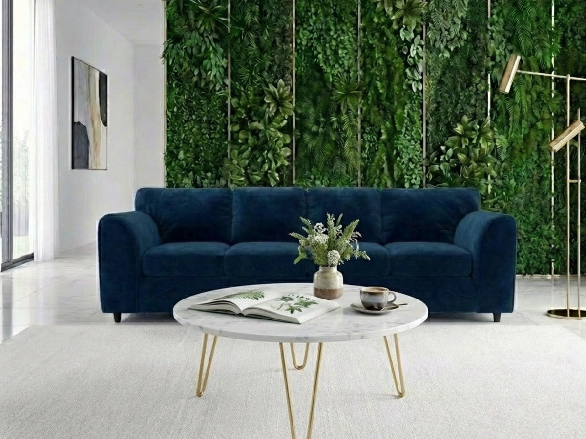 Midnight blue plush velvet 4-seater corner sofa from Gamzo Outlet with full back support and modern design.