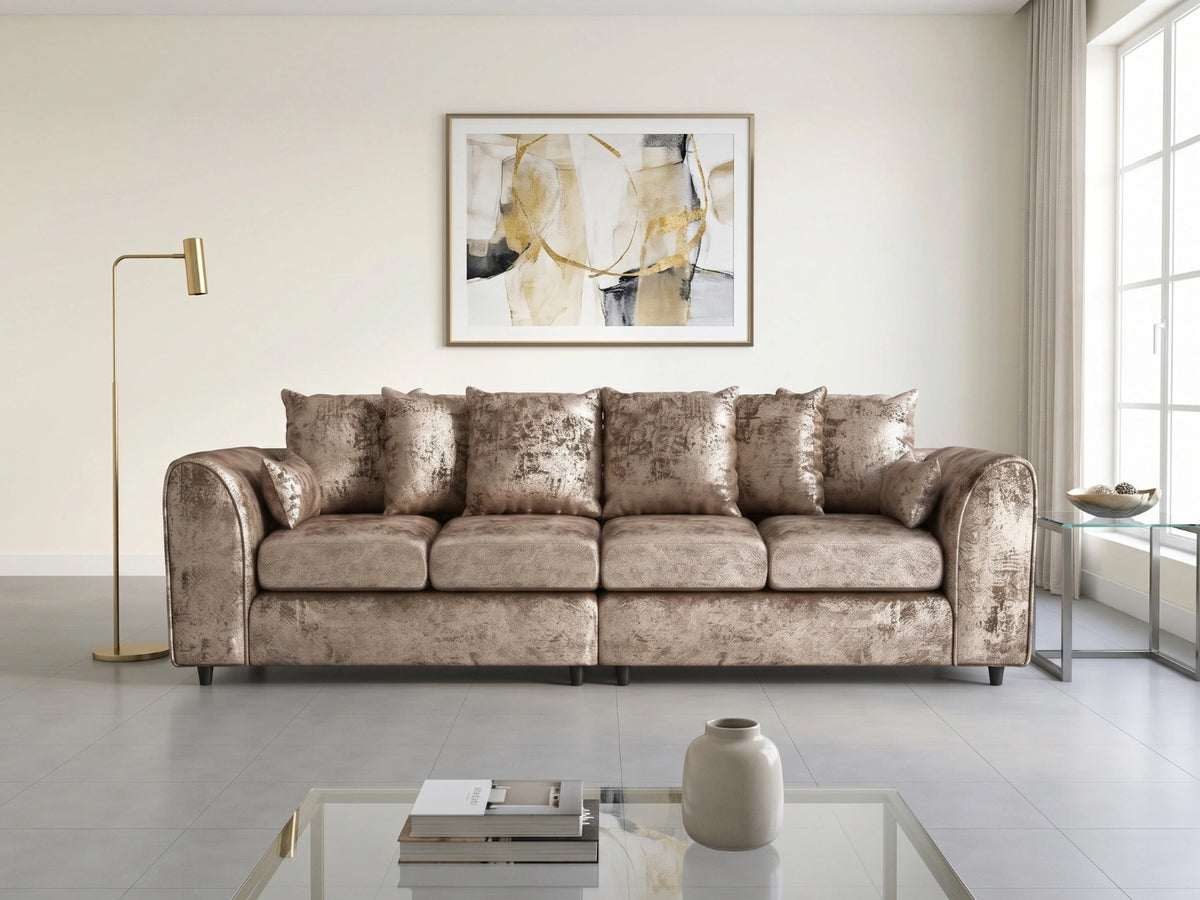 Crushed velvet 4-seater scatter back corner sofa in misty mink fabric by Gamzo Outlet, showcasing plush seating and stylish design.