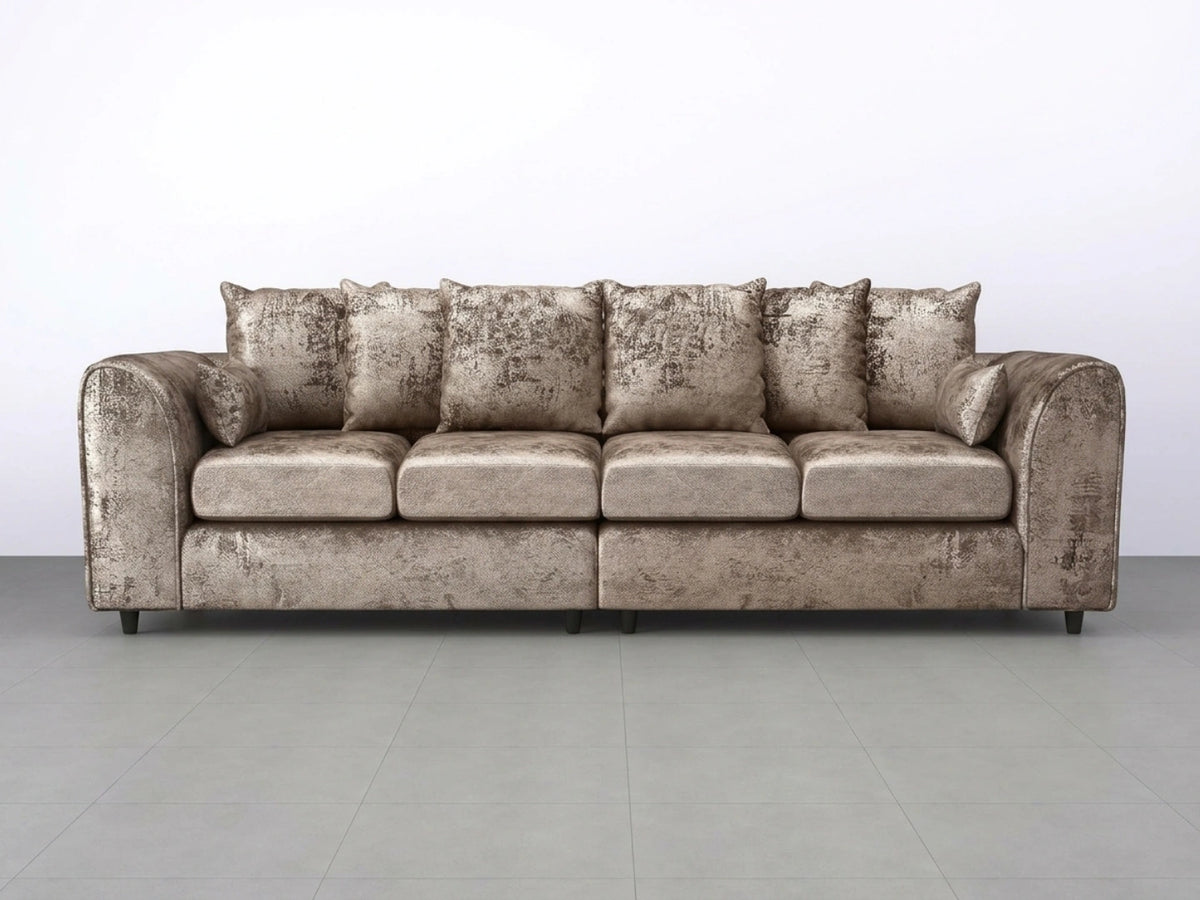 Crushed velvet 4-seater corner sofa with scatter back cushions in misty mink by Gamzo Outlet, showcasing plush fabric and modern design.