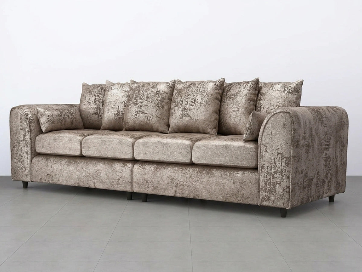 Crushed velvet 4-seater scatter back corner sofa in misty mink fabric by Gamzo Outlet, showcasing plush cushions and modern design.