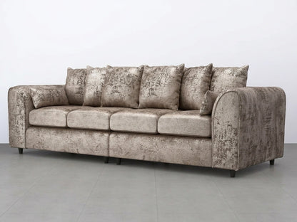 Crushed velvet 4-seater scatter back corner sofa in misty mink fabric by Gamzo Outlet, showcasing plush cushions and modern design.