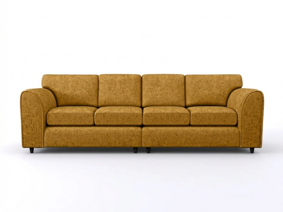 Gamzo Outlet Alaska Fabric 4 Seater Full Back Sofa in mustard with plush cushions and sturdy wooden legs.