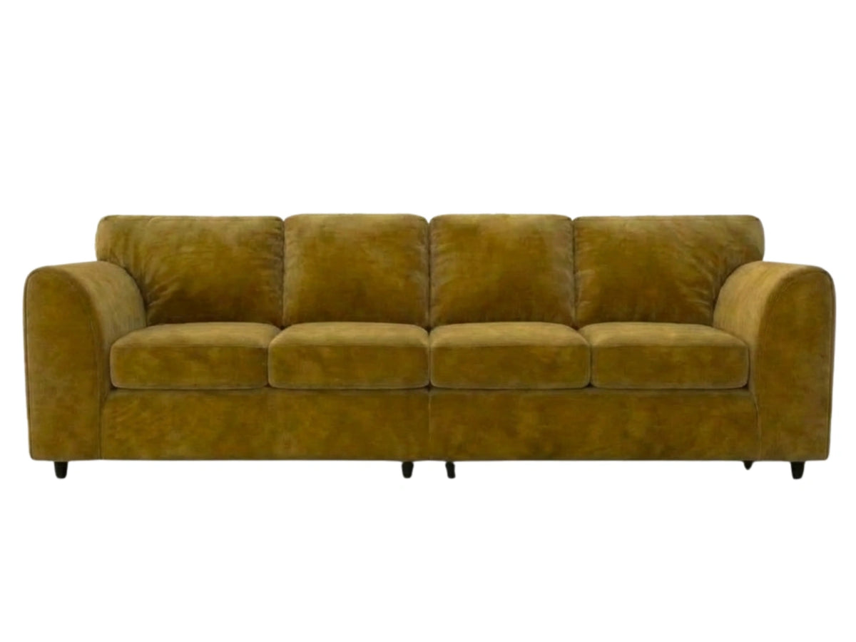 Gamzo Outlet plush velvet 4-seater full back corner sofa in mustard color, showcasing comfortable seating and elegant design.
