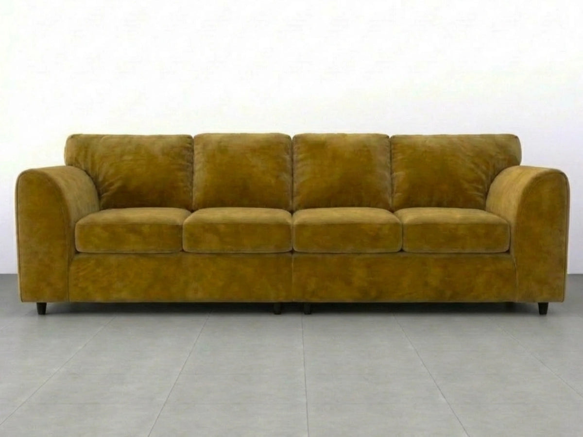 Gamzo Outlet plush velvet 4-seater full back corner sofa in mustard color with cushioned armrests and spacious seating.