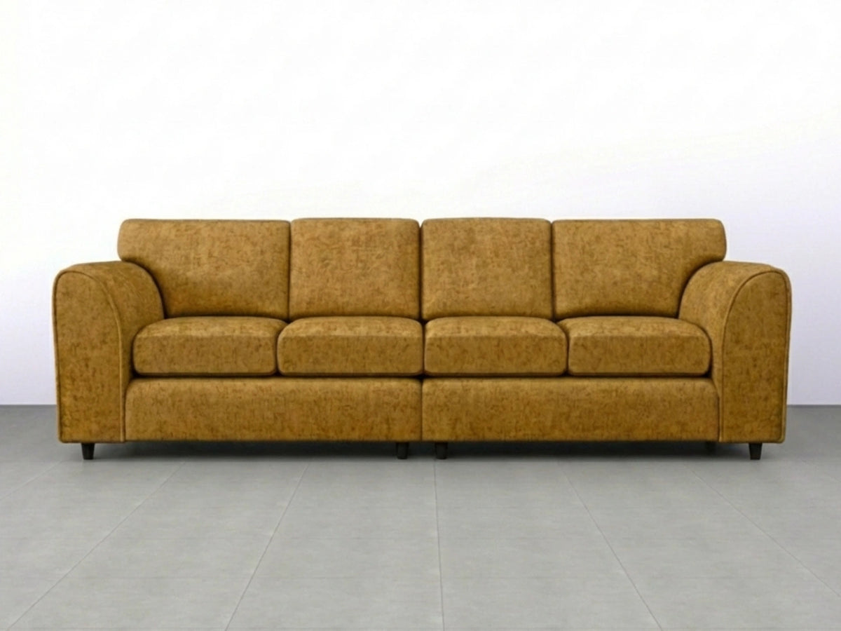 Gamzo Outlet Alaska Fabric 4 Seater Sofa in mustard with full back design, showcasing plush seating for comfortable lounging.