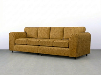Gamzo Outlet Alaska Fabric 4 Seater Full Back Sofa in mustard color, showcasing plush cushions and sturdy wooden legs.