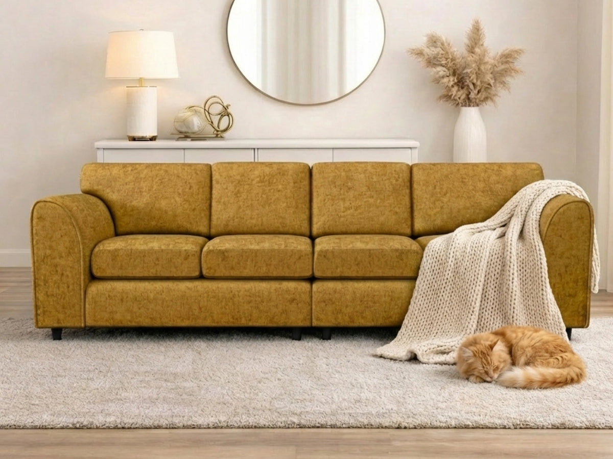 Gamzo Outlet Alaska Fabric 4 Seater Full Back Sofa in mustard color, showcasing plush cushions and sturdy frame.