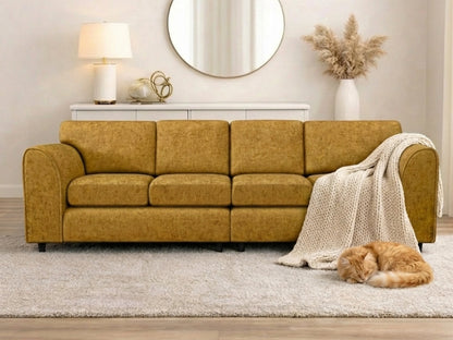 Gamzo Outlet Alaska Fabric 4 Seater Full Back Sofa in mustard color, showcasing plush cushions and sturdy frame.