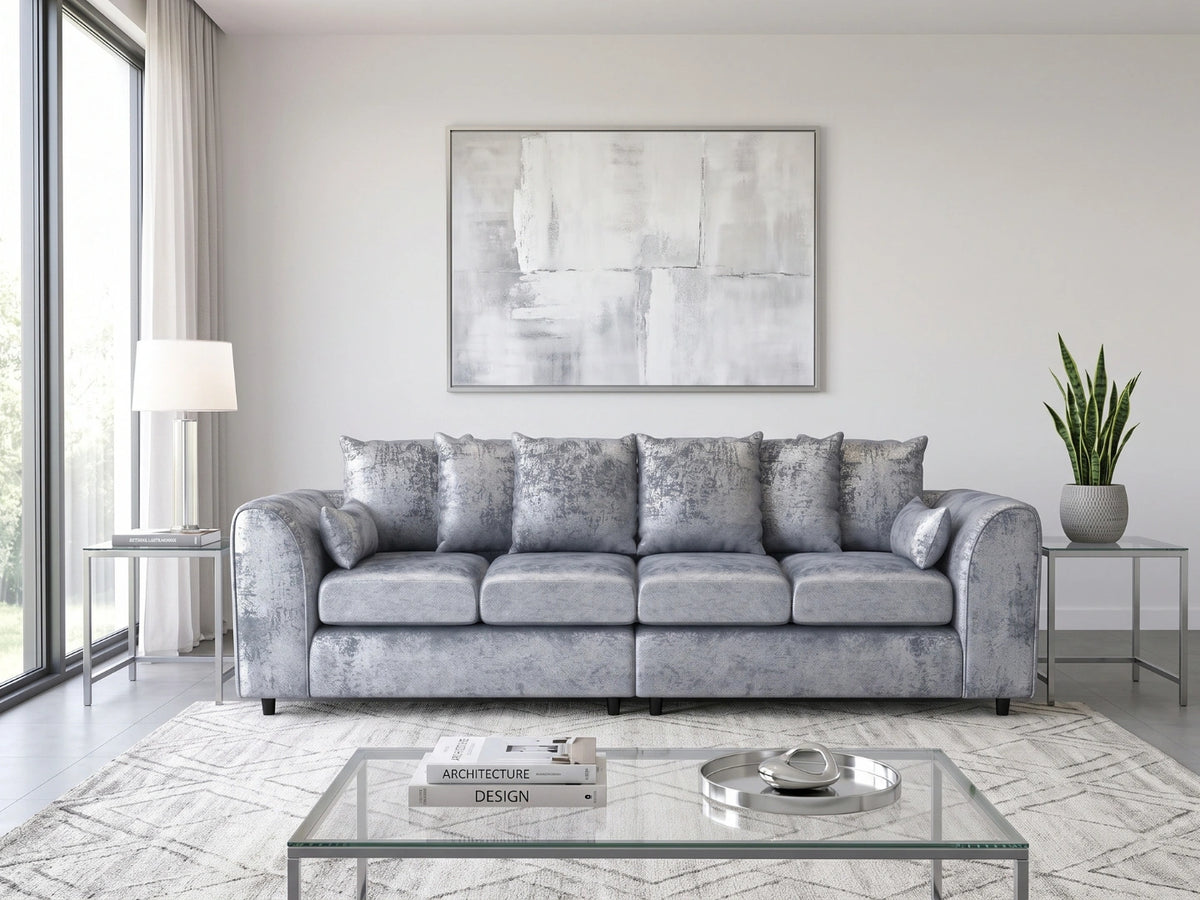 Silver crushed velvet 4-seater corner sofa with scatter back cushions from Gamzo Outlet, stylish and comfortable living room furniture.