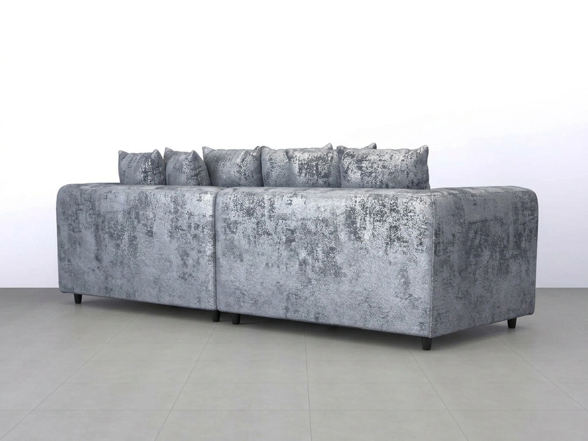Silver crushed velvet 4-seater scatter back corner sofa by Gamzo Outlet, showcasing plush upholstery and modern design.