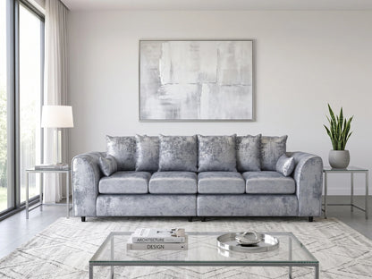 Silver crushed velvet 4-seater corner sofa with scatter back cushions from Gamzo Outlet, stylish and comfortable living room furniture.