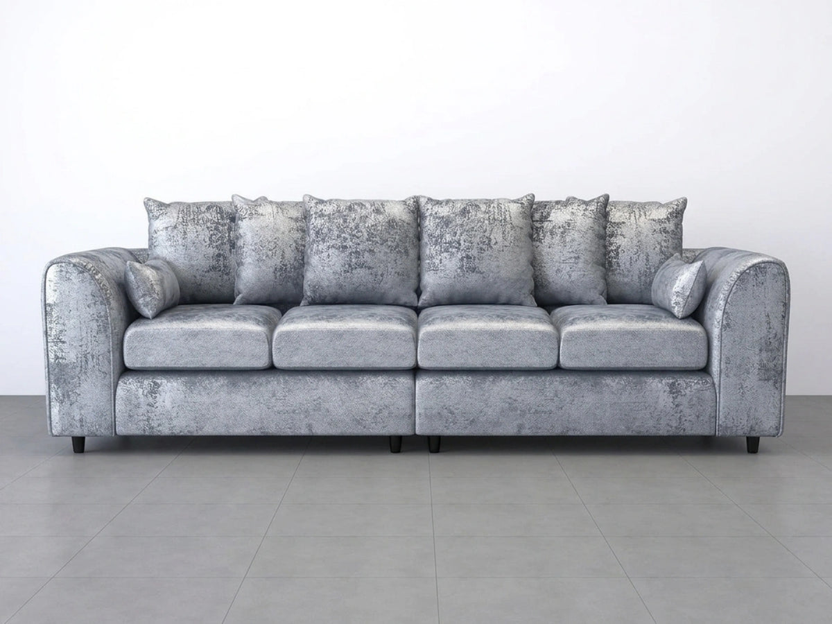 Silver crushed velvet 4-seater scatter back corner sofa by Gamzo Outlet, showcasing plush upholstery and modern design.