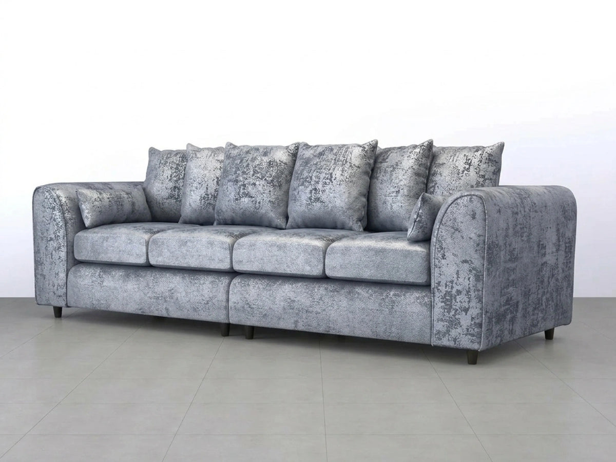 Silver crushed velvet 4-seater scatter back corner sofa from Gamzo Outlet, featuring plush cushions and modern design.