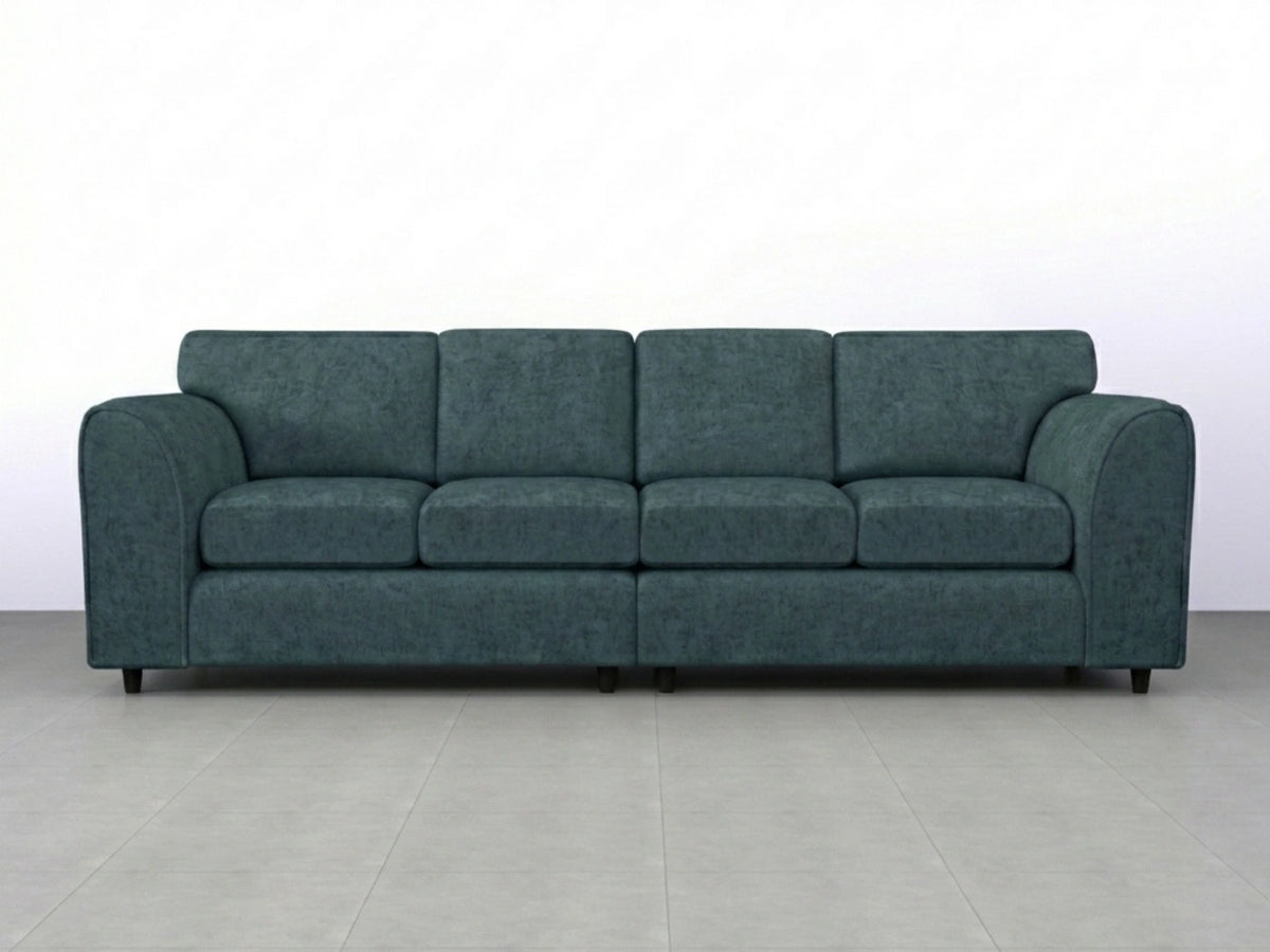 Teal Gamzo Outlet Alaska Fabric 4 Seater Full Back Sofa with plush cushions and wooden legs, perfect for living room seating.