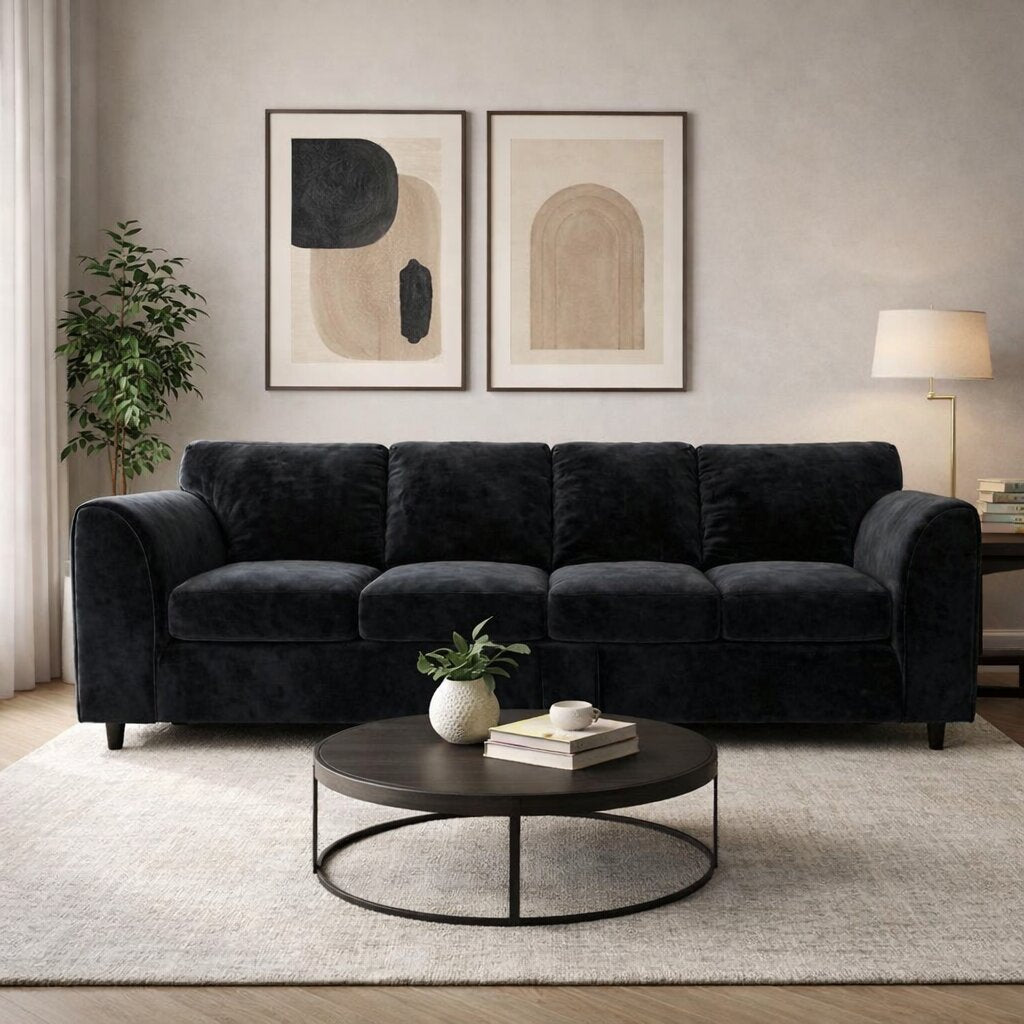 Black plush velvet 4-seater full-back corner sofa from Gamzo Outlet, showcasing soft fabric and spacious seating.