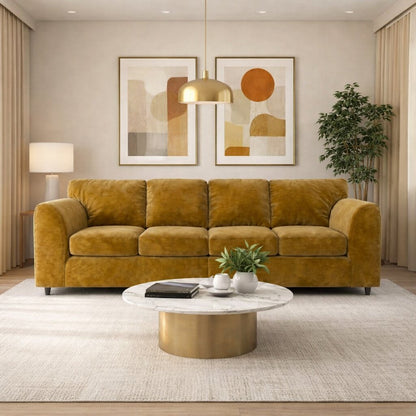 Mustard plush velvet 4-seater full-back corner sofa by Gamzo Outlet, showcasing soft fabric and spacious seating.