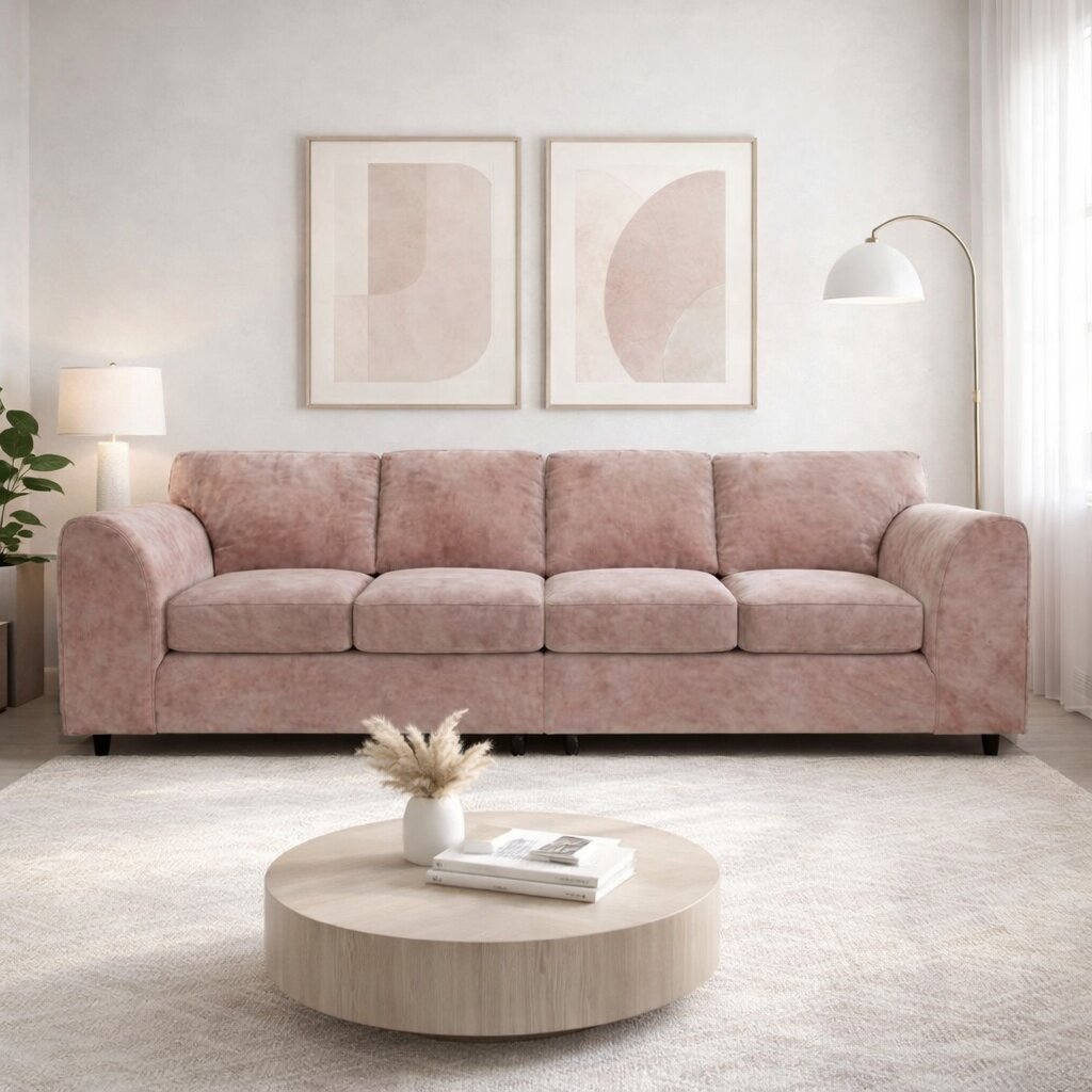 Pink plush velvet 4-seater full back corner sofa by Gamzo Outlet, showcasing soft fabric and spacious seating.
