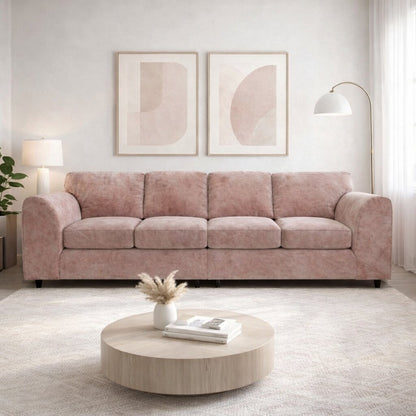 Pink plush velvet 4-seater full back corner sofa by Gamzo Outlet, showcasing soft fabric and spacious seating.