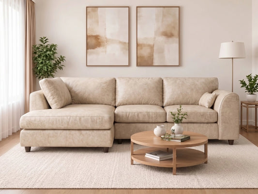 Cream leather Dillon L-shaped sofa by Gamzo Outlet, showing the 4-seater with left-hand facing design in a modern living room setting.