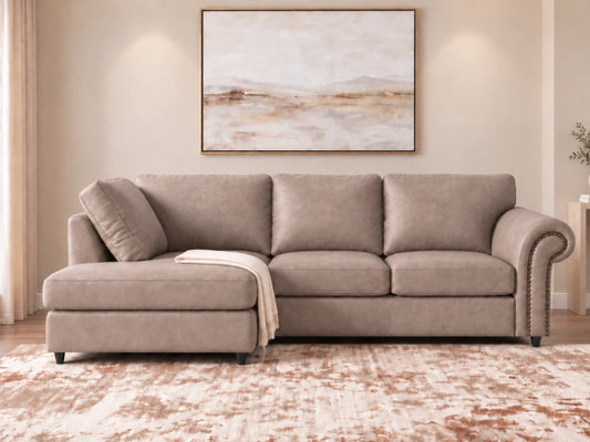 Cream leather L-shape sofa with full back and four seats, designed for modern living rooms by Gamzo Outlet.