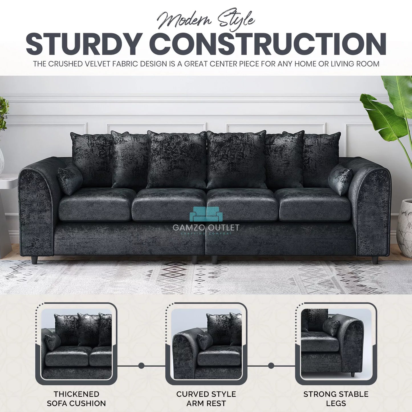 Crushed Velvet 4 Seater Scatter Back Sofa