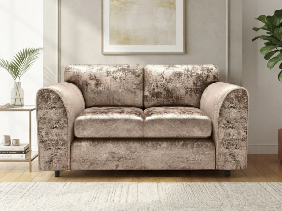 Crushed velvet two-seater sofa with full back in a modern design, featuring plush upholstery from Gamzo Outlet.