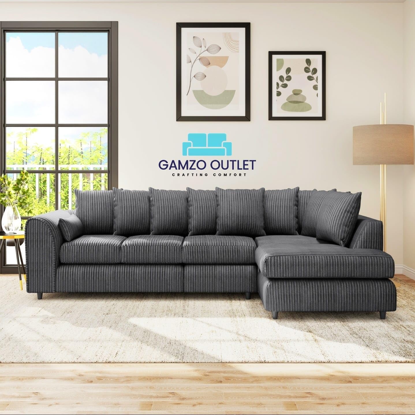 XL Jumbo Cord Fabric L Shape Scatter Back Sofa - Gamzo Outlet