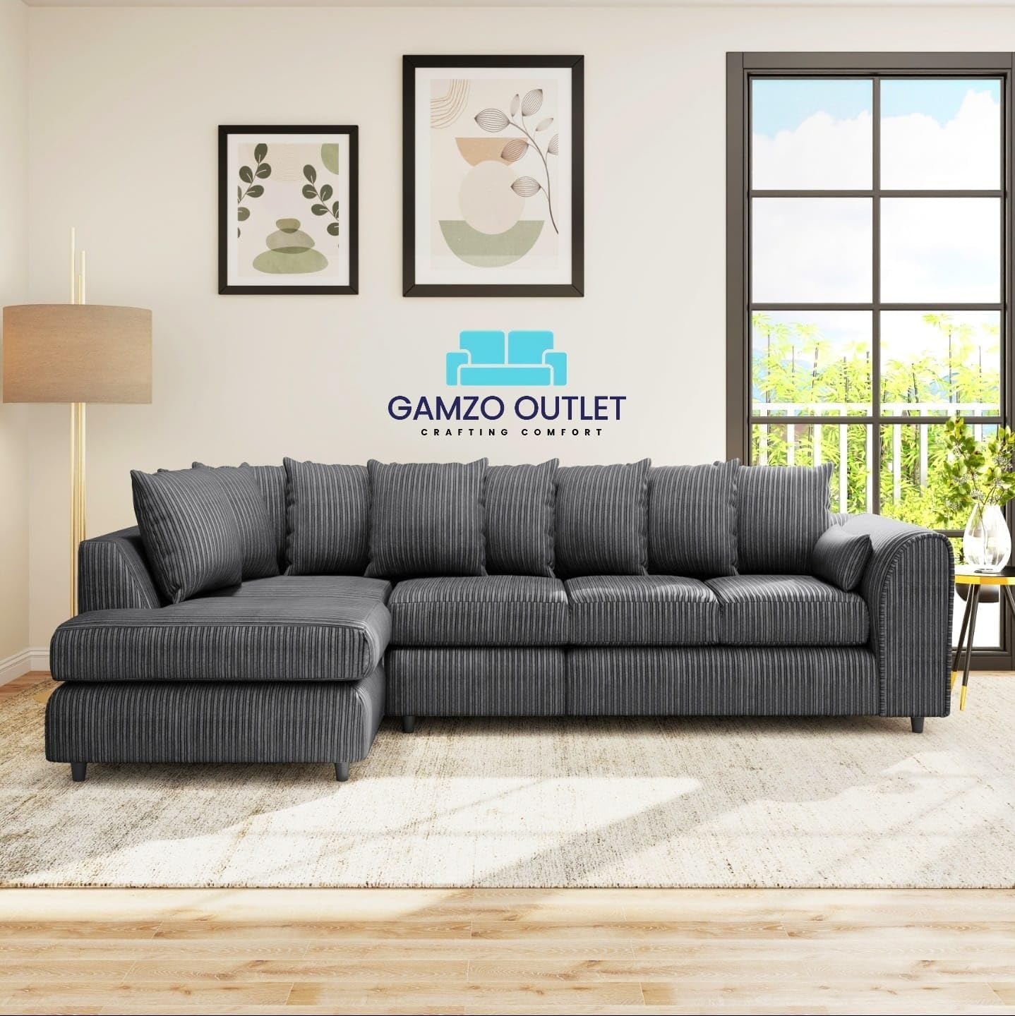 XL Jumbo Cord Fabric L Shape Scatter Back Sofa - Gamzo Outlet