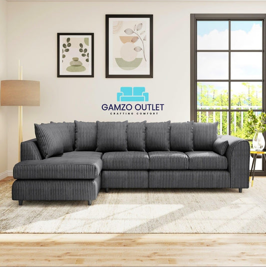 XL Jumbo Cord Fabric L Shape Scatter Back Sofa - Gamzo Outlet
