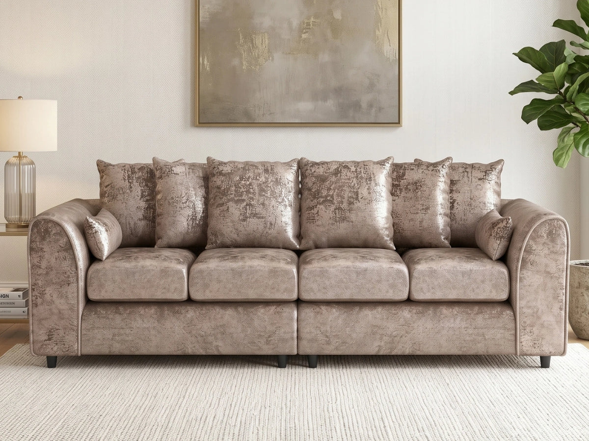 Crushed velvet 4-seater corner sofa with scatter back cushions by Gamzo Outlet, showcasing plush seating and modern design.