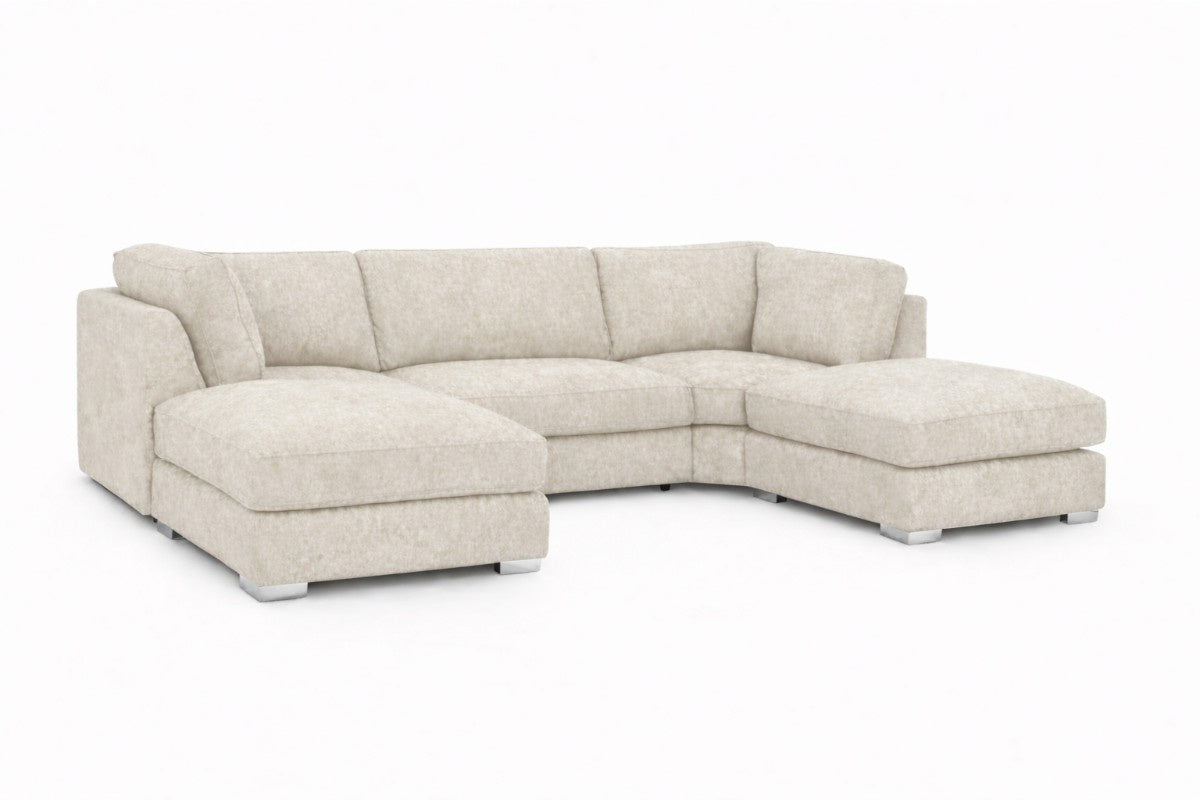 Cream-colored U-shaped sofa from Gamzo Outlet with plush cushions and modern design, perfect for contemporary living spaces.