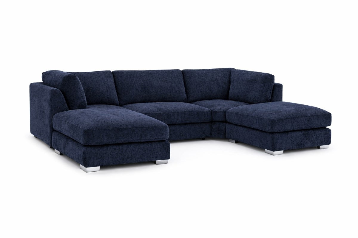 Alaska Midnight Blue U-shaped sofa by Gamzo Outlet, showcasing plush fabric and modern design in a stylish living room setting.