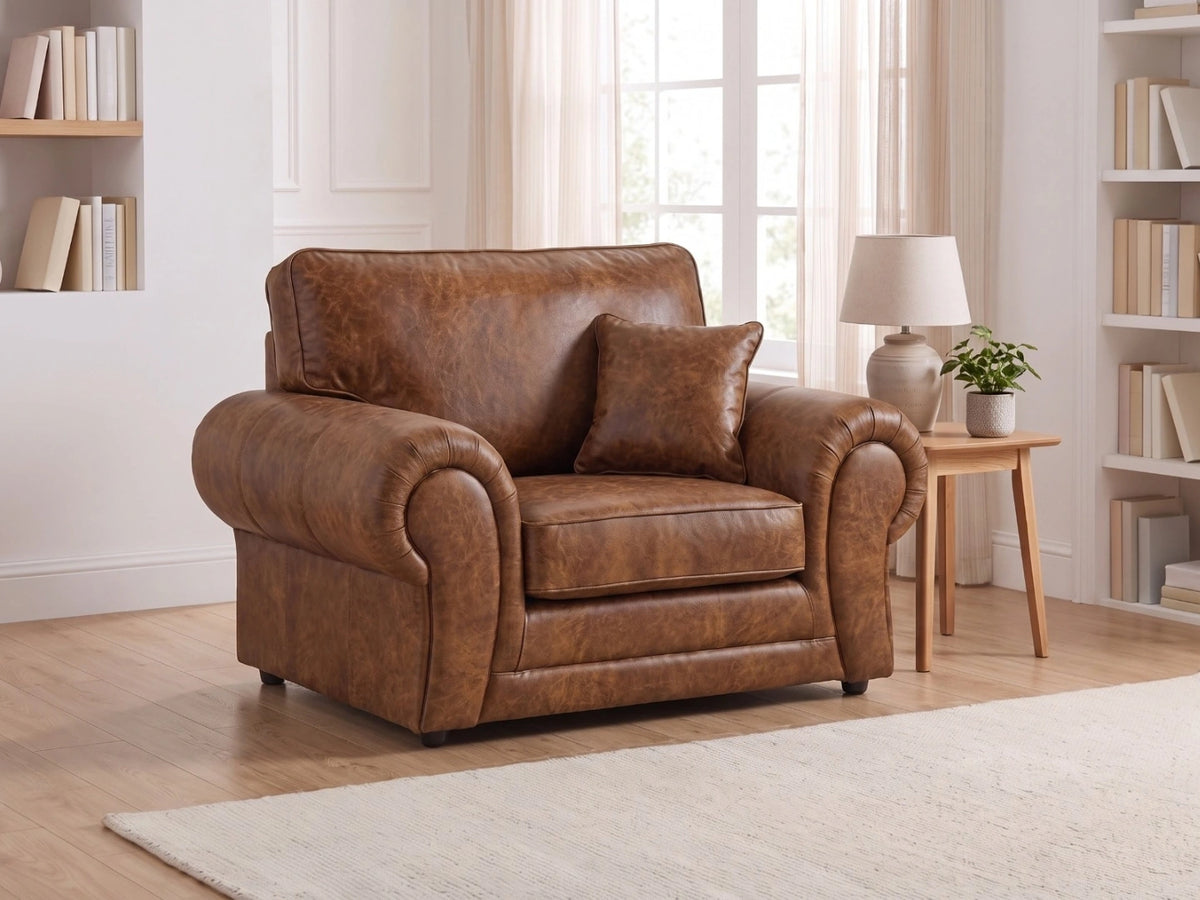 Brown leather armchair from the Wilcot full back sofa set by Gamzo Outlet, showing a comfortable, stylish design with plush cushioning.